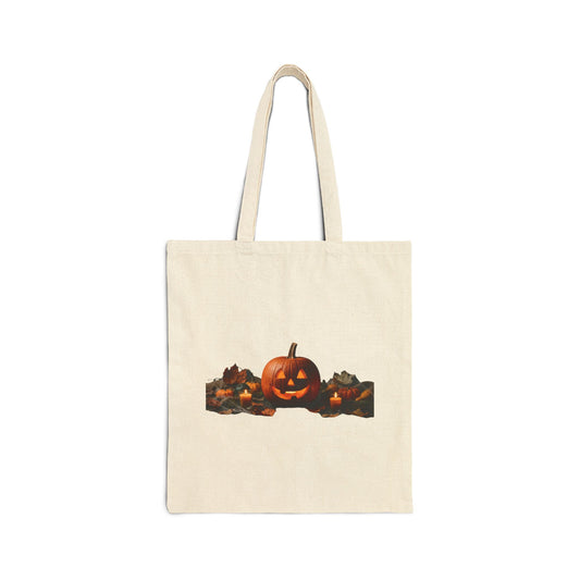 Halloween Jack-O'-Lantern Canvas Tote Bag — Spooky Pumpkin Harvest Market Bag