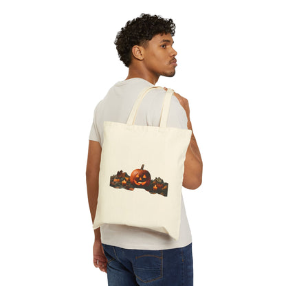 Halloween Jack-O'-Lantern Canvas Tote Bag — Spooky Pumpkin Harvest Market Bag