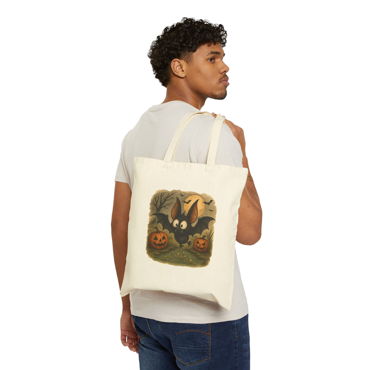 Halloween Bat & Jack-O'-Lantern Canvas Tote Bag